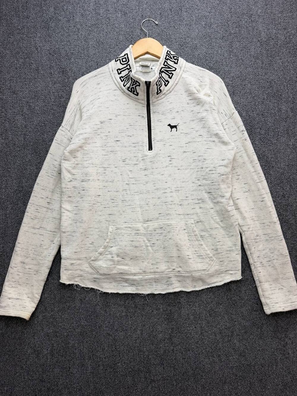 Victoria's Secret PINK Womens Large Quarter Zip Sweatshirt Gray Raw Hem Logo